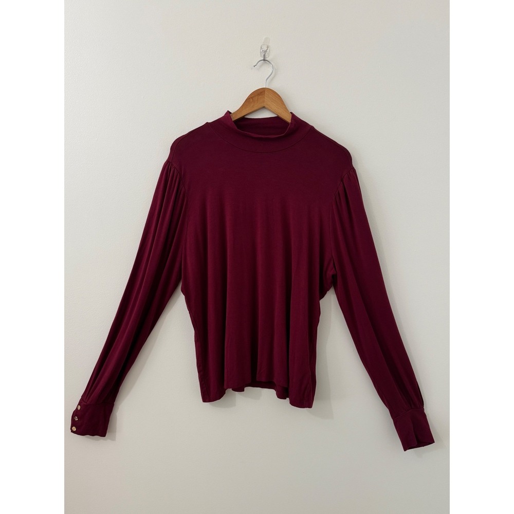 Draper James Burgundy Mock Neck Blouse L Long Sleeve Knit Top Gold Button Cuffs - Picture 6 of 9